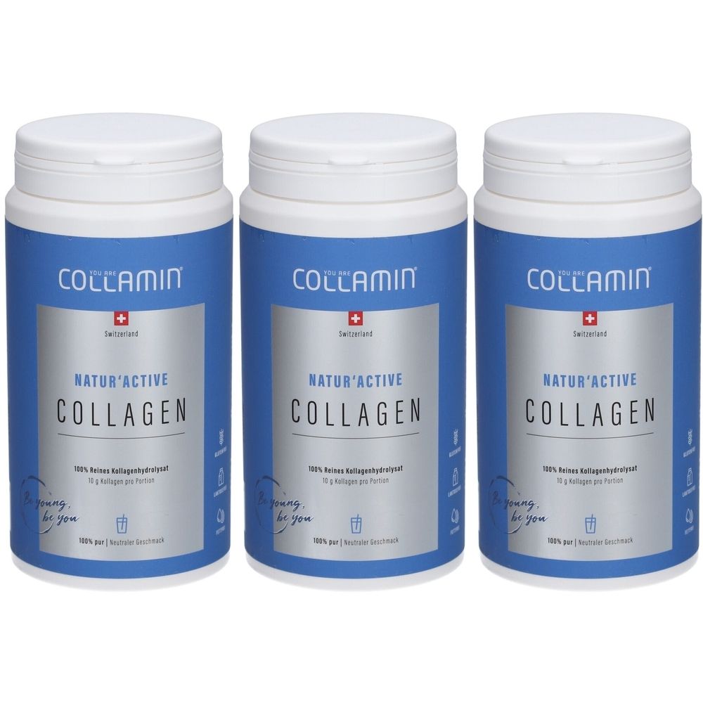 Trois contenants cylindriques avec couvercles blancs et étiquettes bleues. L'étiquette indique COLLAMIN, Natur'Active COLLAGEN et une croix suisse.