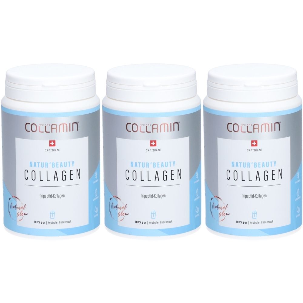 Trois boîtes blanches avec étiquettes bleu argenté. Inscription : COLLAMIN, Natur'Beauty COLLAGEN, Collagène tripeptide. Croix suisse.