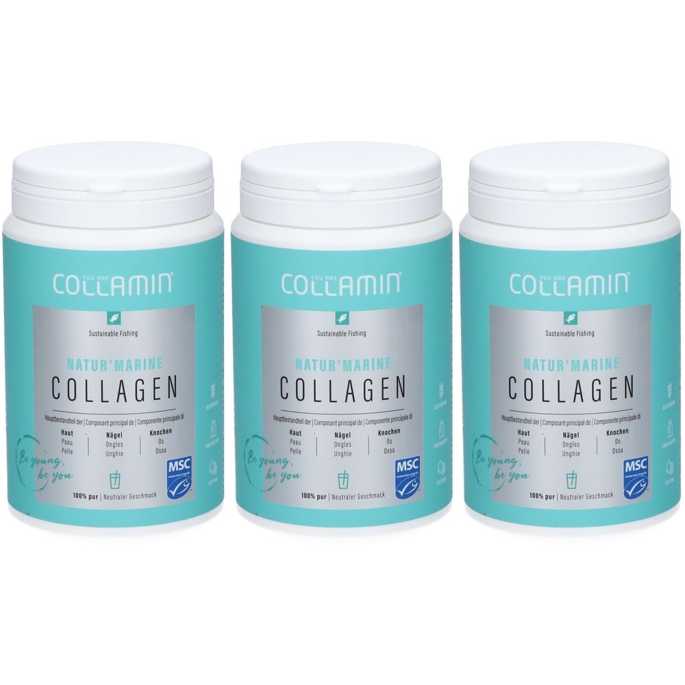 Trois boîtes cylindriques blanches. Inscription: COCCAMIN, Natur Marine Collagen. Certification MSC.