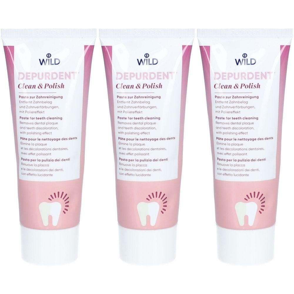 Trois tubes de dentifrice. Emballage rose et blanc avec nom et logo du produit. Texte en allemand, anglais, français et italien.