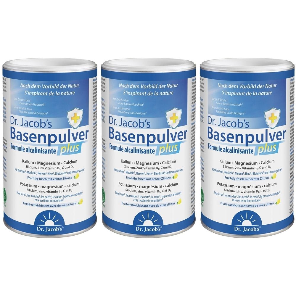 Trois boîtes de Dr. Jacob's Basenpulver Plus. Boîtes bleues et blanches avec informations et logo. Couvercles blancs.