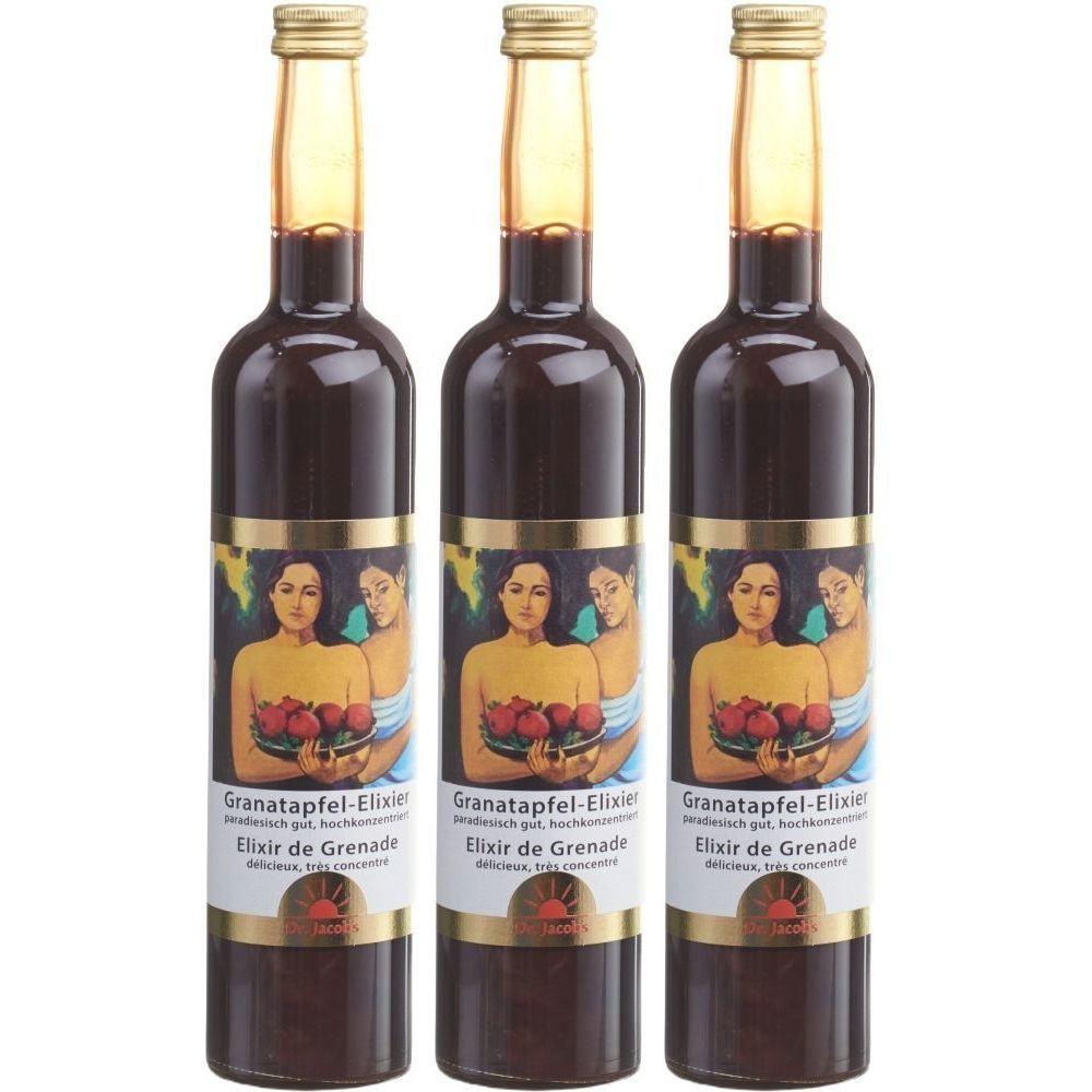 Trois bouteilles d'élixir de grenade Dr. Jacob. Étiquette avec femmes et grenades. Bouchon doré.