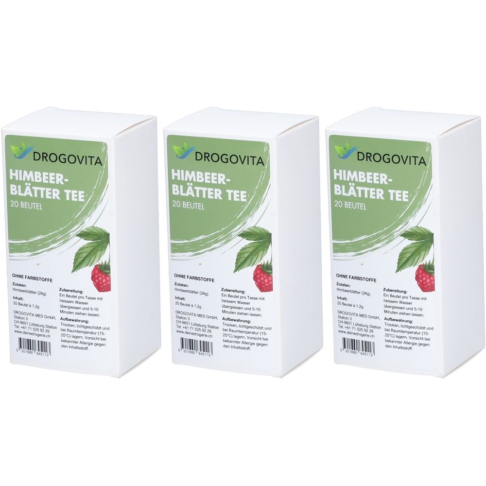 Trois boîtes blanches avec impression. Chaque boîte porte l'inscription "Drogovita Himbeerblätter Tee". Illustration de framboise et de feuilles.