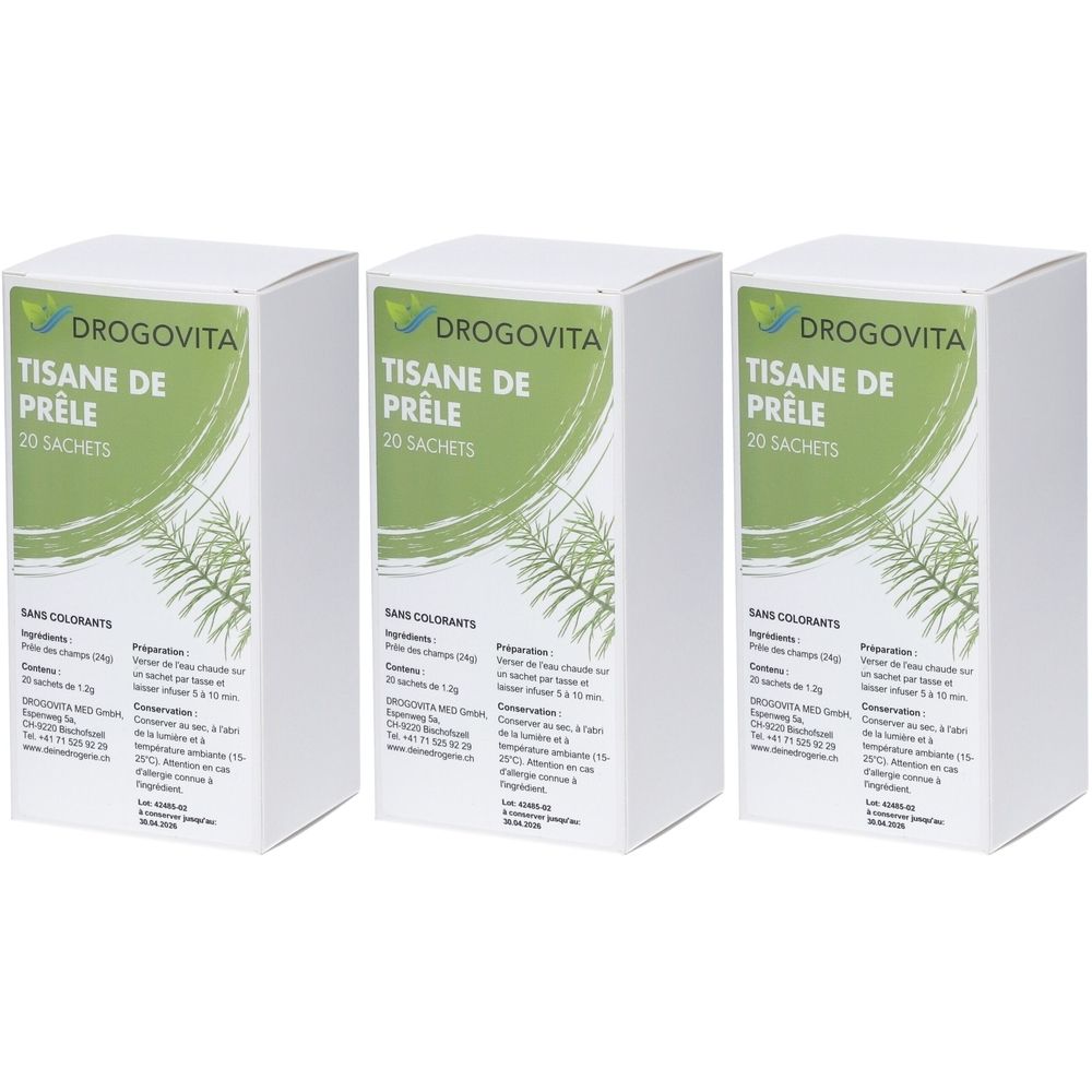 Trois boîtes blanches avec l'inscription "DROGOVITA TISANE DE PRÊLE 20 SACHETS". Impression avec éléments verts et texte.