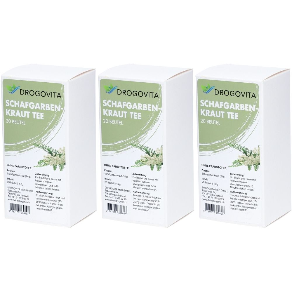 Trois boîtes blanches avec étiquette verte. Inscription: Drogovita Schafgarben-Kraut Tee, 20 sachets. Illustration d'achillée millefeuille.
