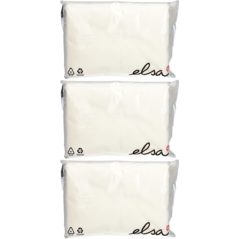 Trois taies d'oreiller emballées. Le mot « elsa » est imprimé en noir sur l'emballage. Symbole de recyclage.