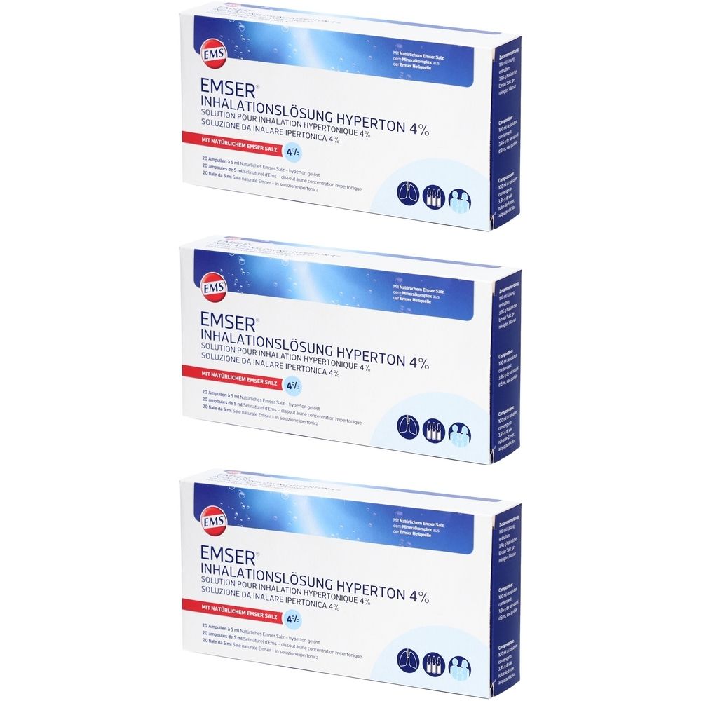 Trois boîtes blanches avec texte bleu et rouge. Inscription: EMSER Inhalationslösung Hyperton 4%. Symboles des voies respiratoires.
