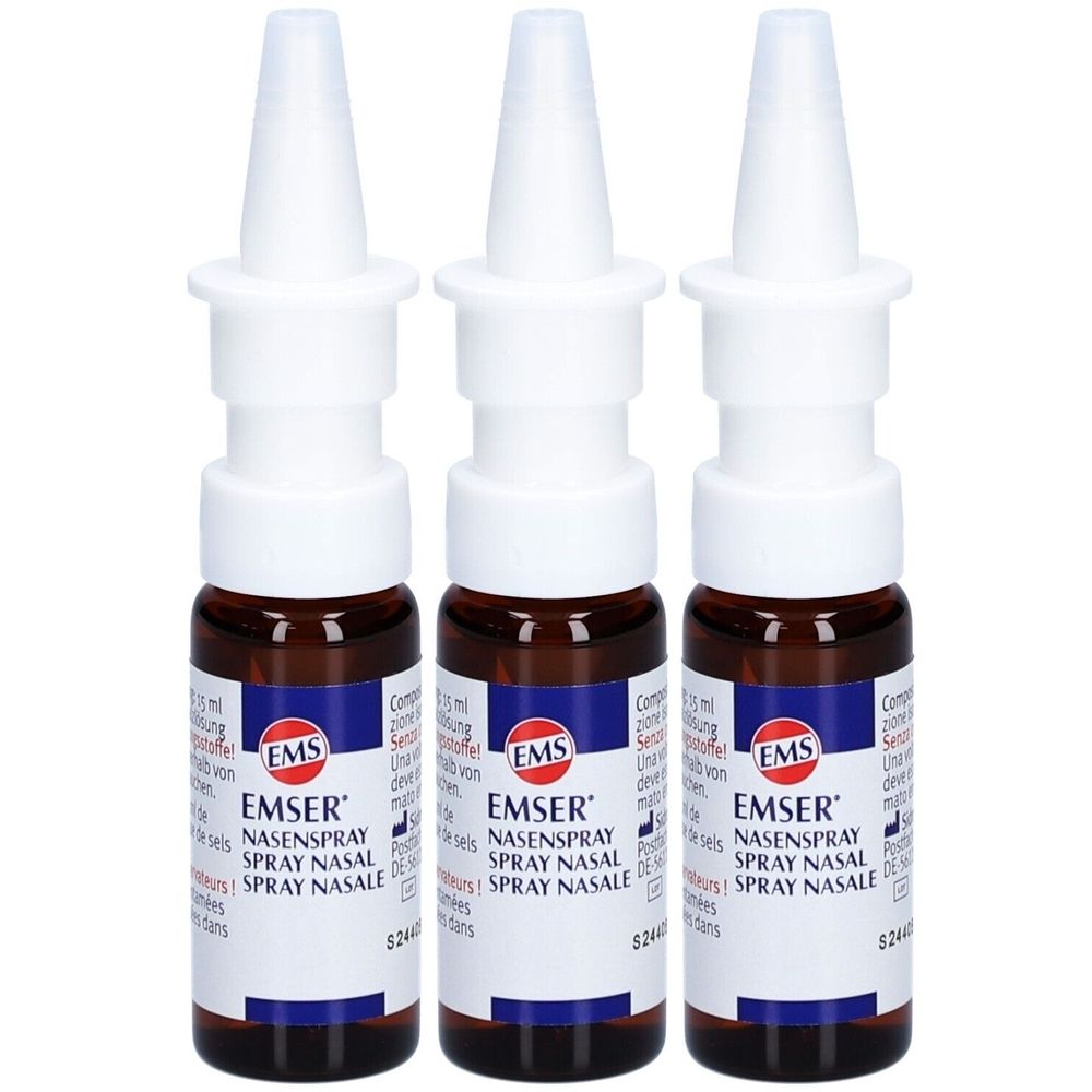 Trois flacons de spray nasal avec embout blanc et liquide brun. Inscription: EMSER NASENSPRAY.