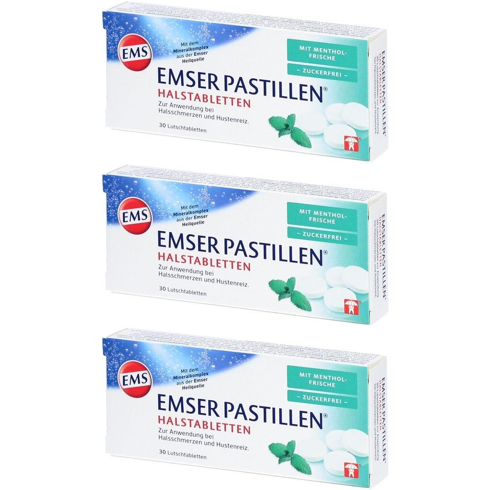Trois boîtes de pastilles Emser. Inscription : Emser Pastillen Halstabletten, avec fraîcheur mentholée, sans sucre. Illustration de feuille de menthe.