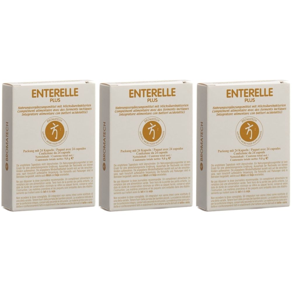 Trois boîtes ENTERELLE PLUS. Chaque boîte présente un logo et du texte en plusieurs langues.