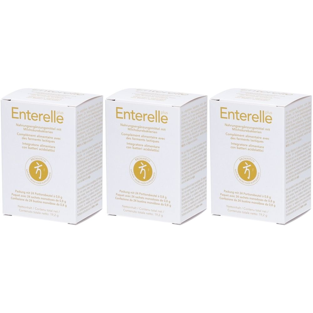 Trois boîtes blanches avec le mot "Enterelle". Chaque boîte présente un logo et du texte en plusieurs langues.