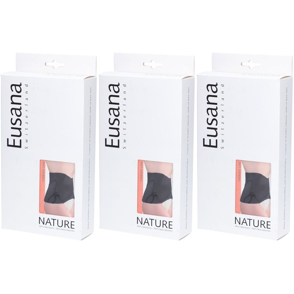 Trois boîtes de ceinture lombaire. Boîtes blanches avec image du produit et logo de la marque Eusana Switzerland.