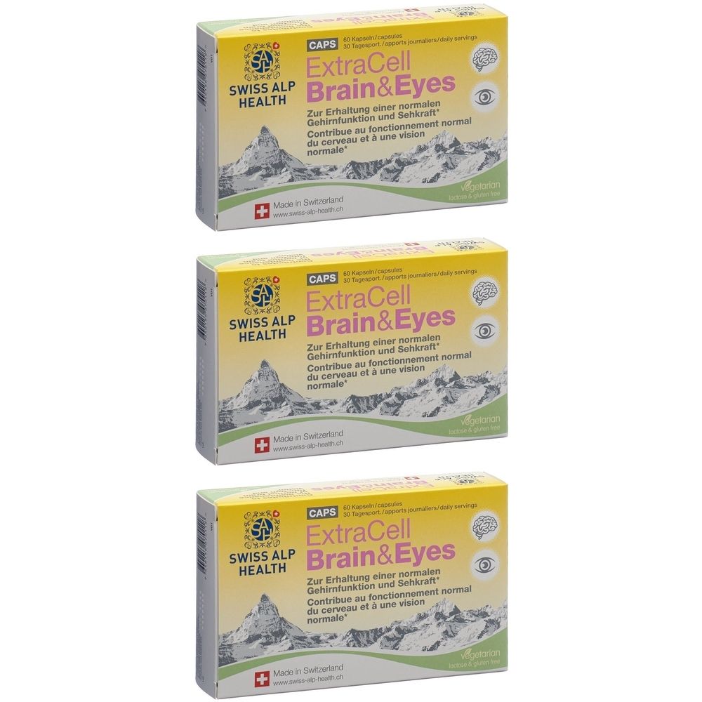 Trois boîtes de Swiss Alp Health ExtraCell Brain&Eyes. Emballage jaune avec texte et logo.