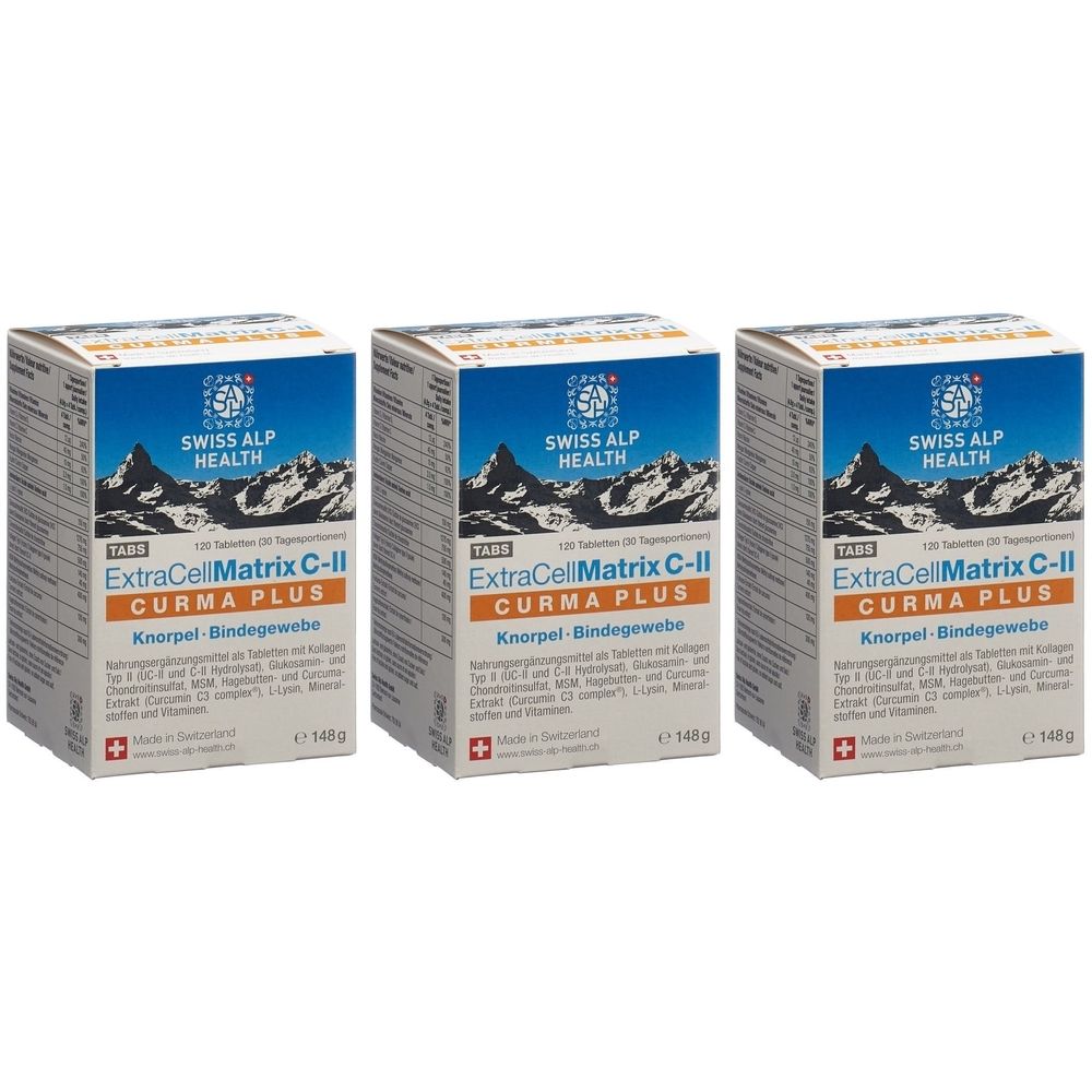 Trois boîtes de EXTRA CELL Matrix C-II Curma Plus. Inscriptions bleues et oranges. Marque : Swiss Alp Health. Texte : Knorpel-Bindegewebe.