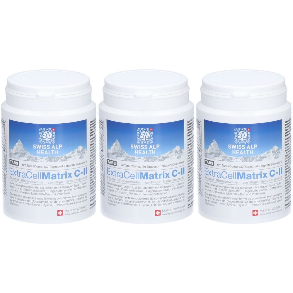 Trois flacons blancs avec des étiquettes bleues. Les étiquettes indiquent "SWISS ALP HEALTH" et "ExtraCellMatrix C-II".