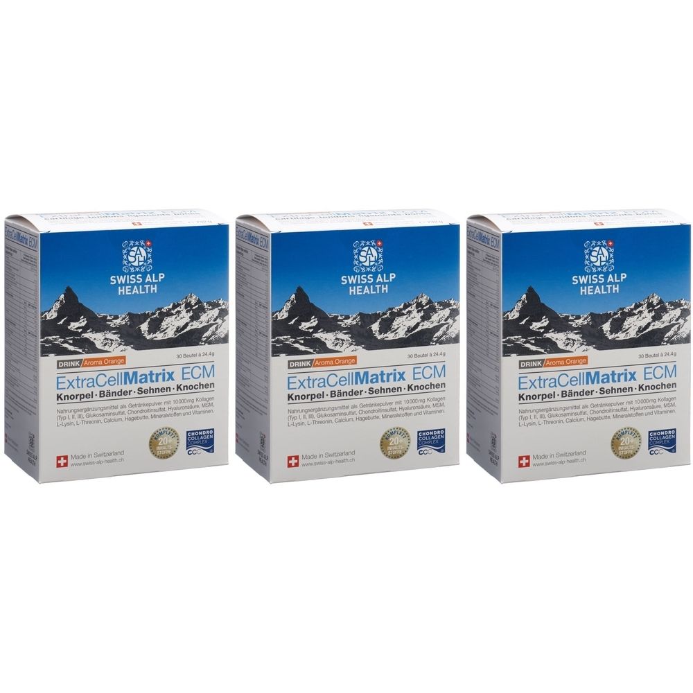 Trois boîtes "ExtraCell Matrix ECM". Marque "Swiss Alp Health". Montagnes en arrière-plan.