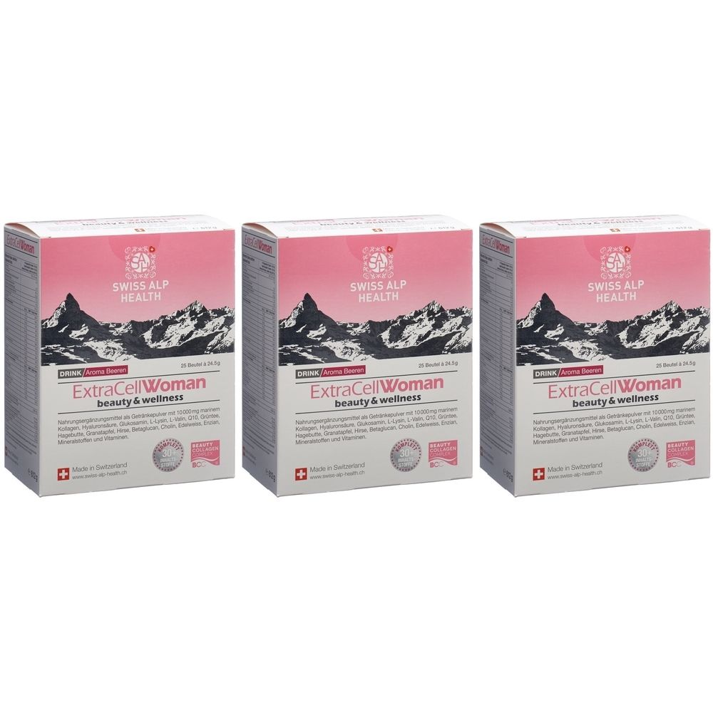Trois boîtes de "ExtraCellWoman beauty & wellness". Design rose et blanc avec motif de montagne et logo "SWISS ALP HEALTH".