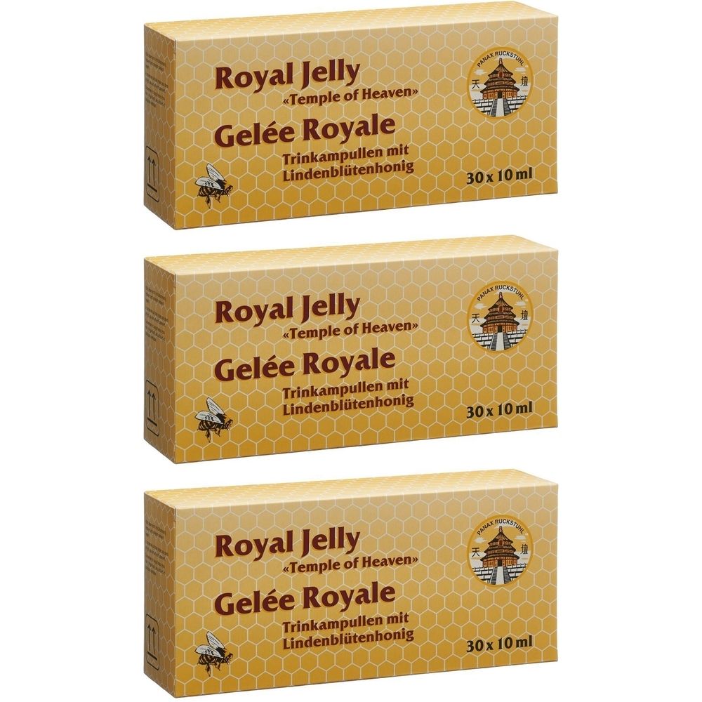 Trois boîtes de Royal Jelly Gelée Royale. Inscription: 30 x 10 ml. Logo avec temple. Motif en nid d'abeille.