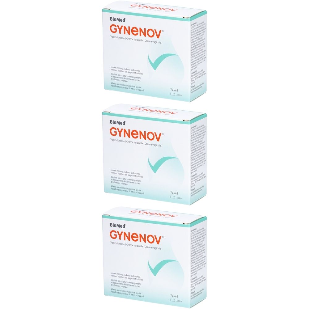 Trois boîtes de GYNENOV. Le nom de marque BioMed est visible sur chaque boîte. Un design en forme de coche verte est également présent.