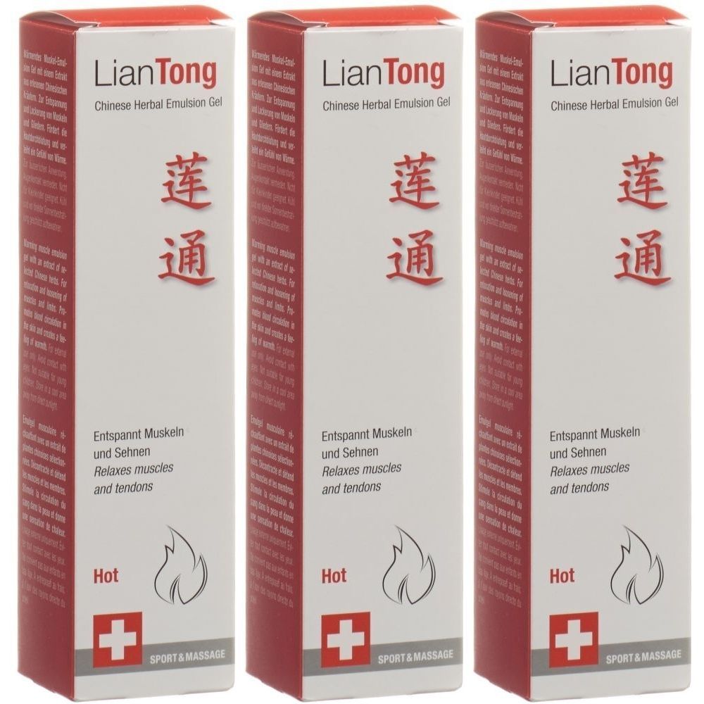 Trois boîtes de LIANTONG Chinese Herbal Emulsion Gel. Boîtes blanches avec texte et logo rouges. Texte: Détend les muscles et les tendons.