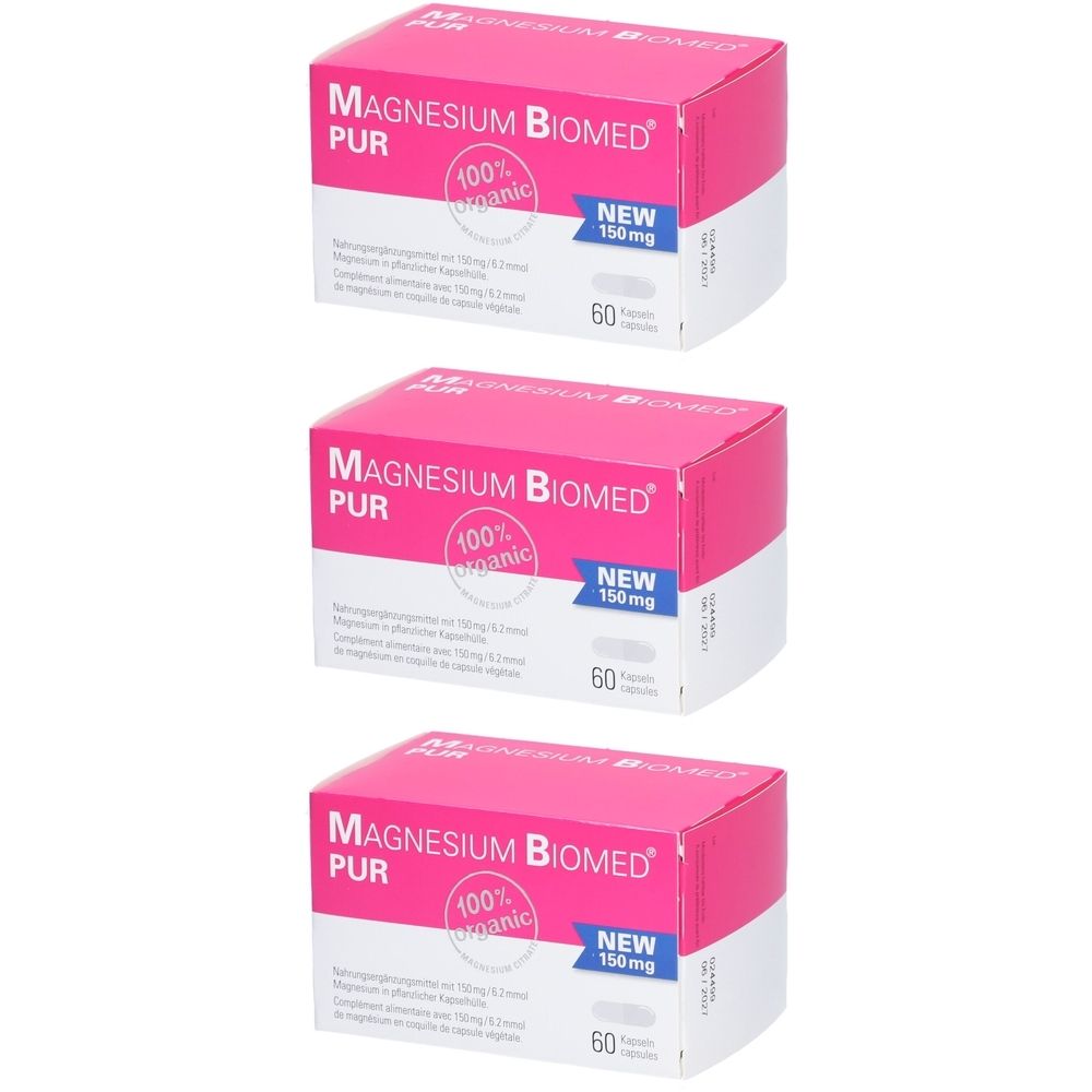 Trois boîtes de Magnesium Biomed PUR. Emballage rose et blanc avec nom du produit, 100% organic, NEW 150mg et 60 gélules.