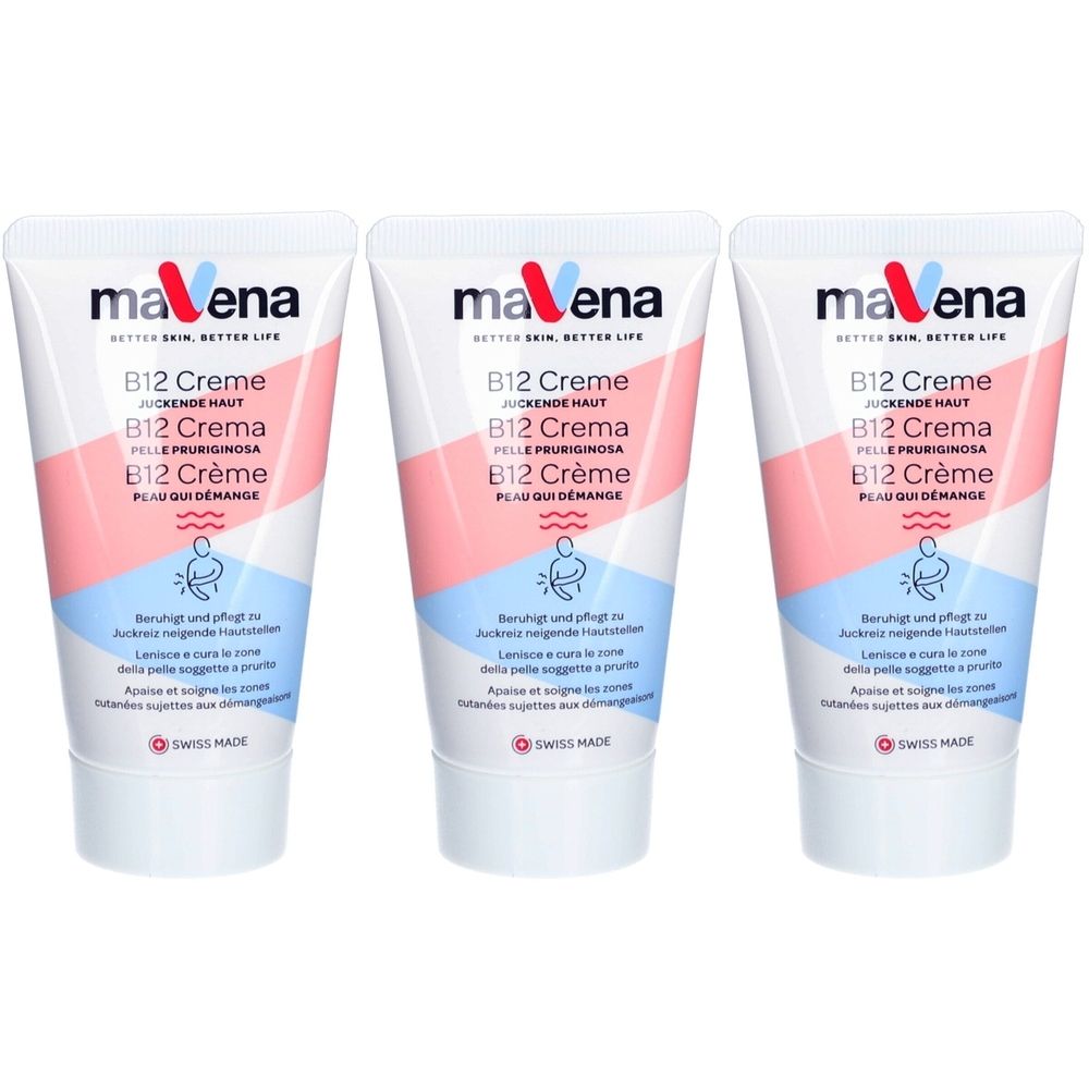 Trois tubes de maVena B12 Crème. Blanc, avec graphiques rouges et bleus. Texte: B12 Crème, pour peau qui démange. Swiss Made.