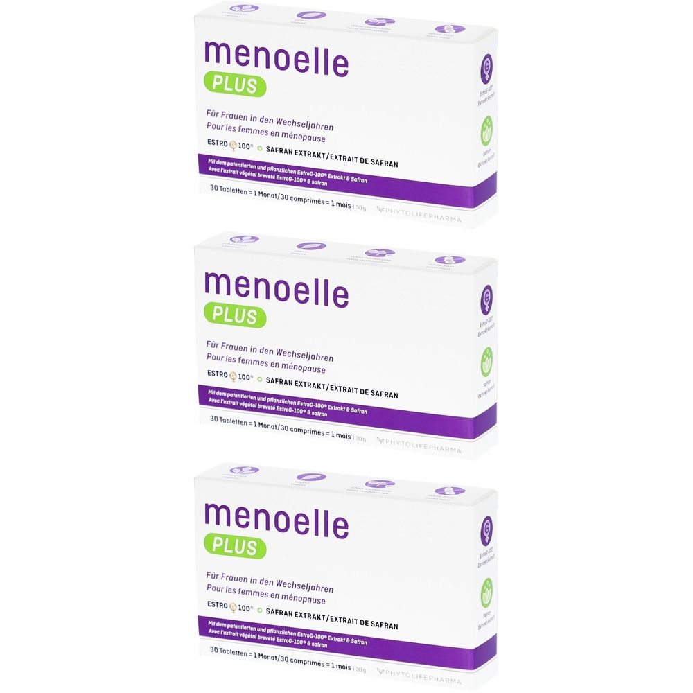 Trois boîtes Menoelle Plus. Emballage blanc avec accents violets et verts. Texte : Menoelle Plus, Extrait de Safran.