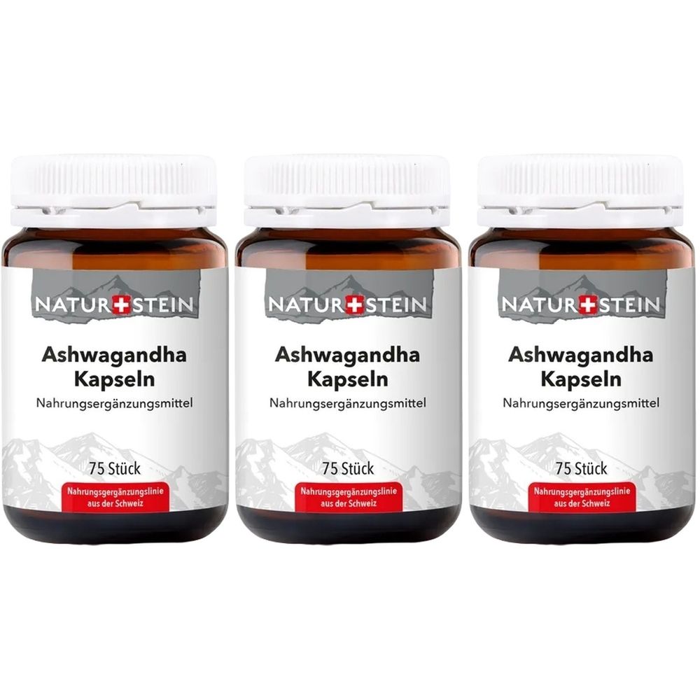 Trois flacons bruns avec des couvercles blancs. Les étiquettes indiquent "NATUR+STEIN Ashwagandha Kapseln Nahrungsergänzungsmittel". Chaque flacon contient 75 pièces.