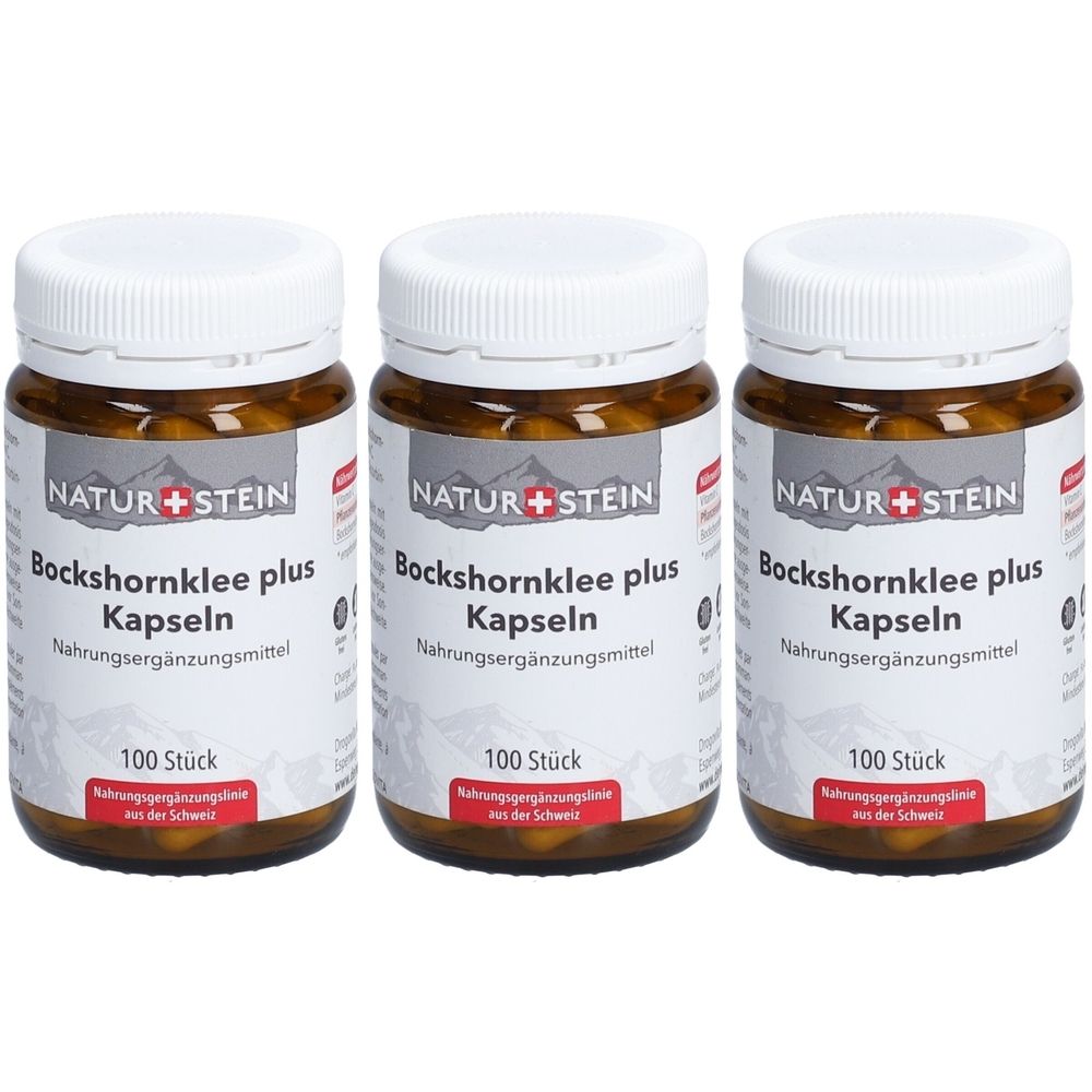 Trois flacons en verre brun avec des couvercles blancs. Les étiquettes indiquent "NATUR+STEIN Bockshornklee plus Kapseln". Chaque flacon contient 100 pièces.