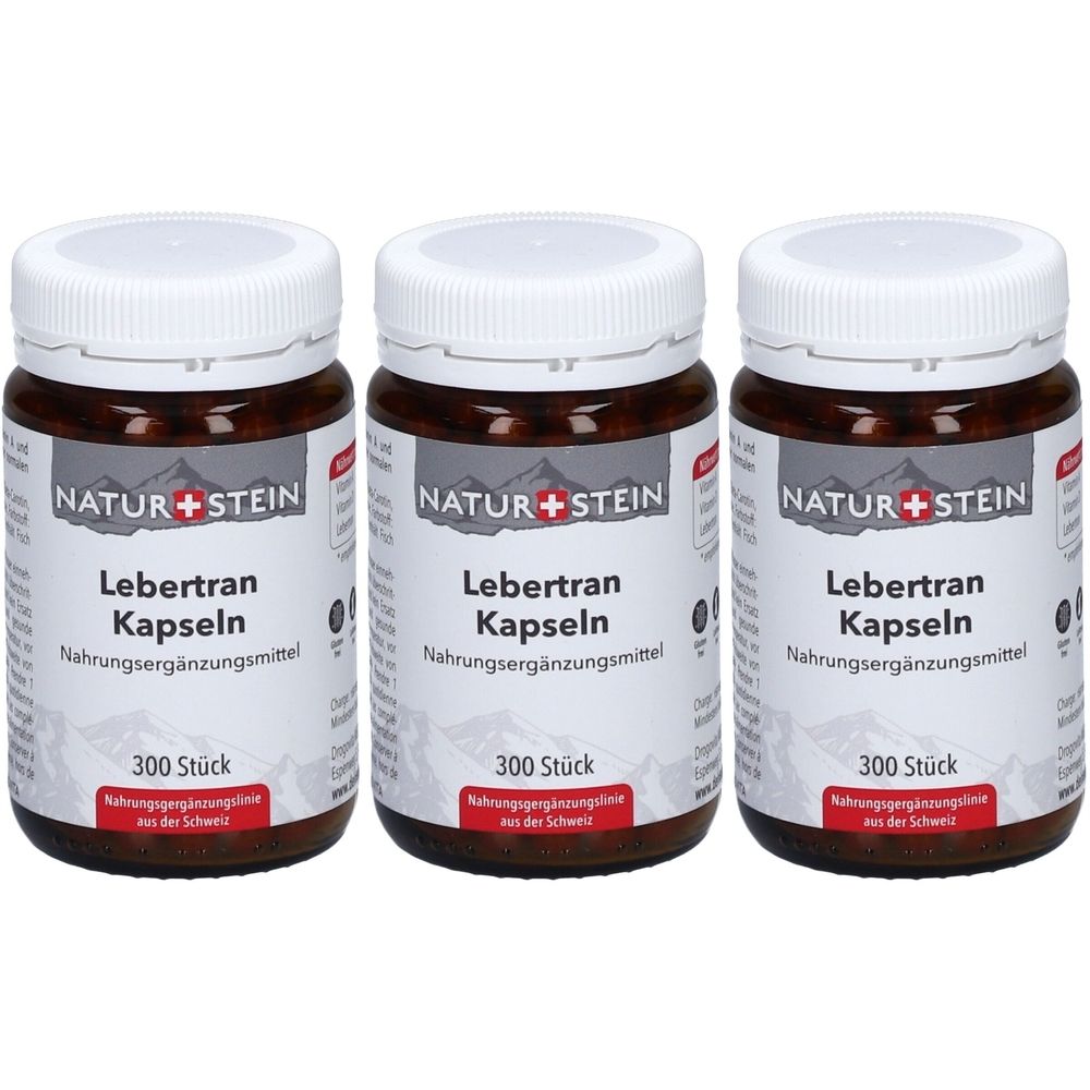 Trois flacons bruns avec des couvercles blancs. Étiquettes : "NATUR+STEIN Lebertran Kapseln". Chaque flacon contient 300 pièces.