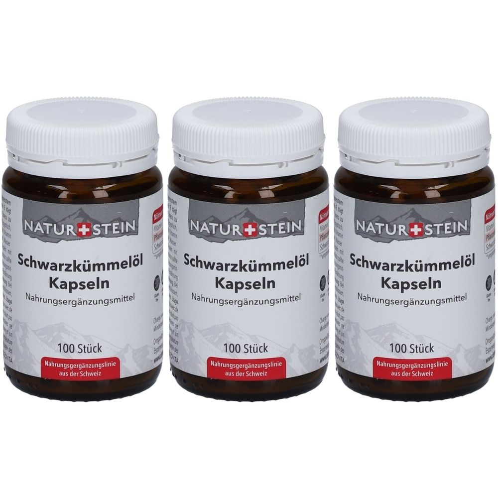 Trois flacons bruns avec des couvercles blancs. Étiquettes : NATUR+STEIN Schwarzkümmelöl Kapseln, complément alimentaire. 100 pièces.