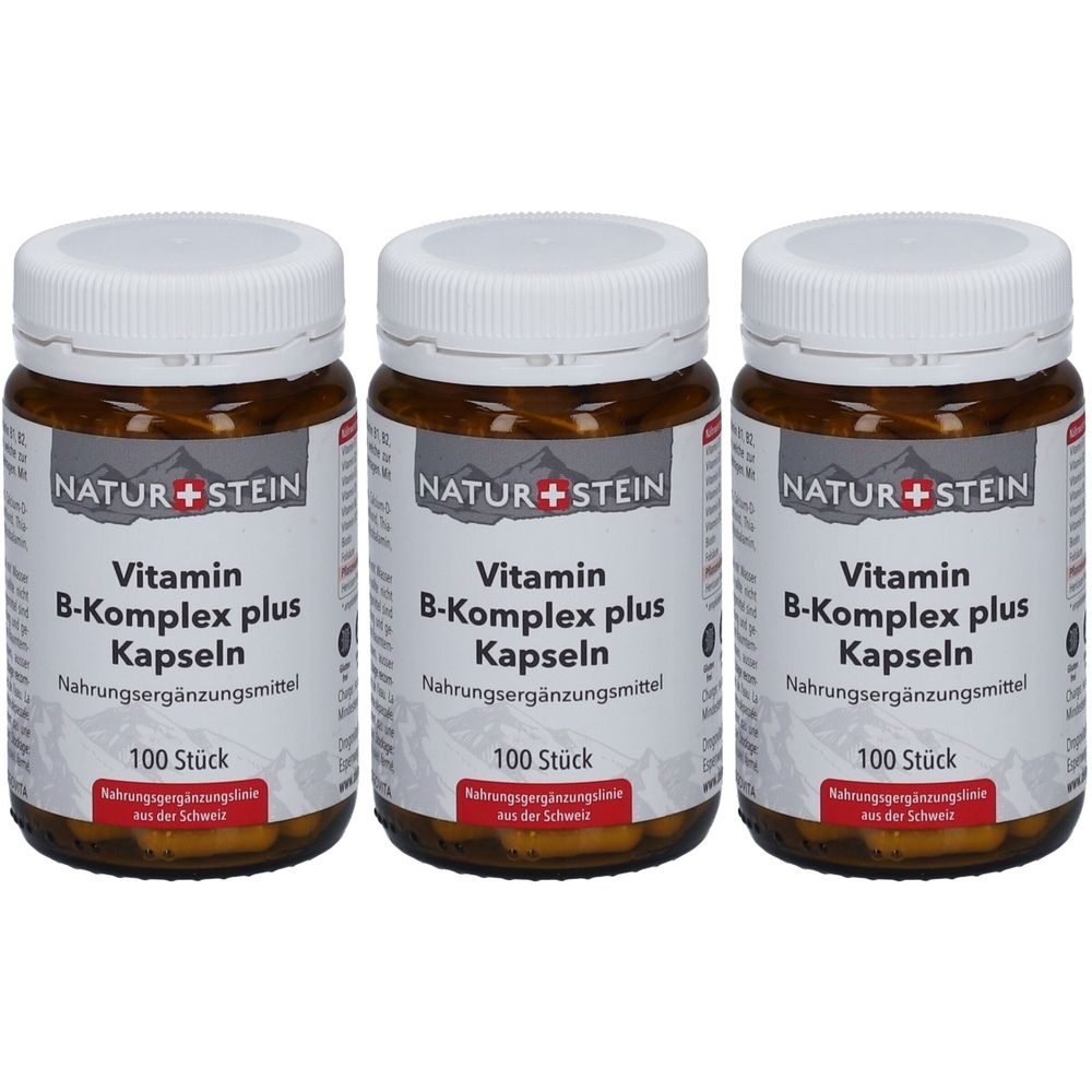 Trois flacons en verre brun avec des couvercles blancs. Les étiquettes indiquent "NATUR+STEIN Vitamin B-Komplex plus Kapseln". 100 pièces.