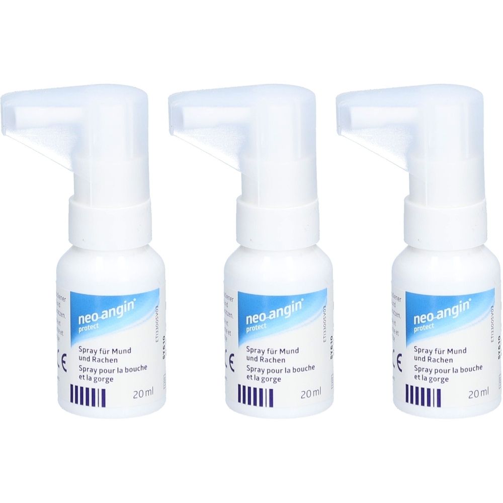 Trois sprays blancs avec étiquettes bleues et blanches. Inscription : neo-angin protect, Spray pour la bouche et la gorge, 20ml.