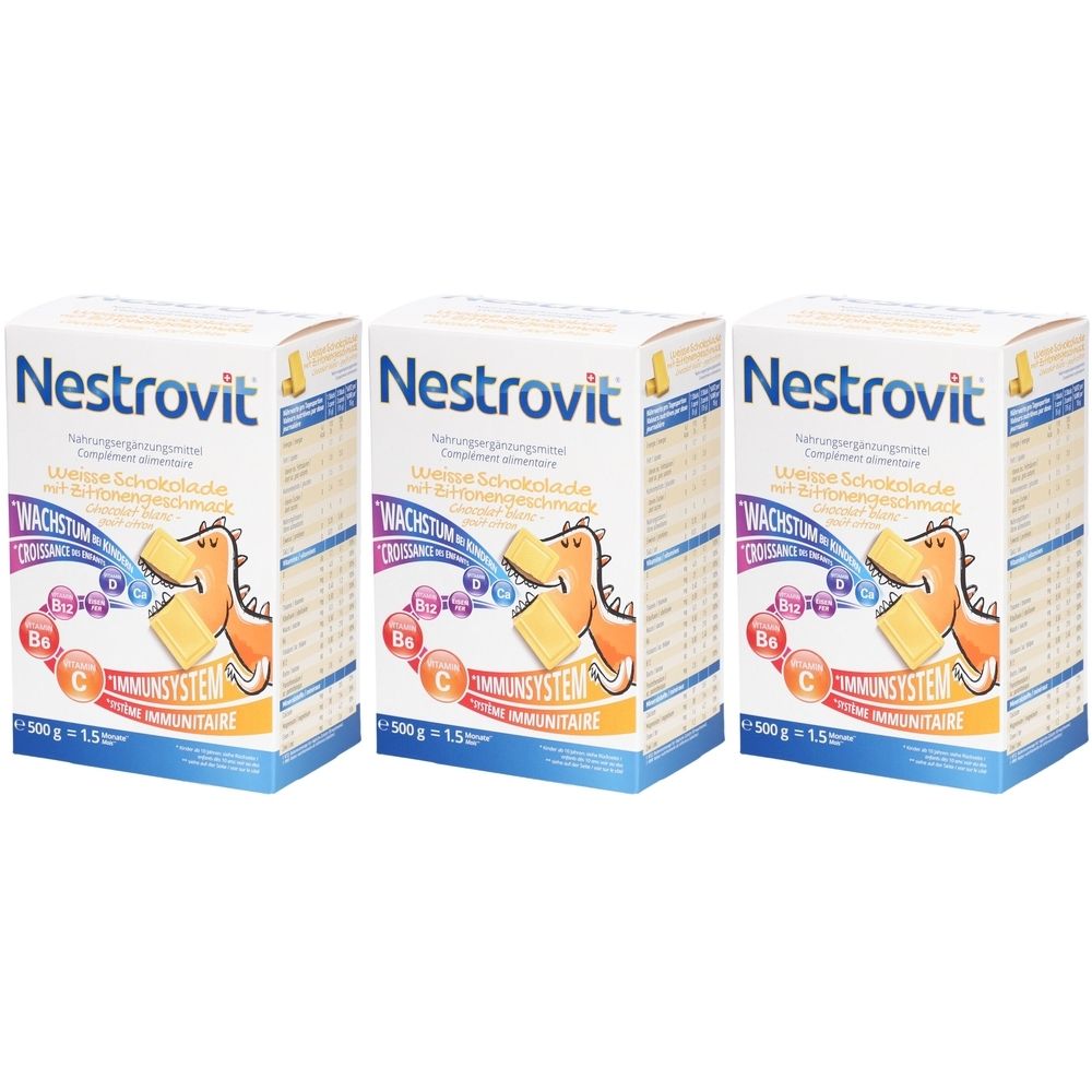 Trois boîtes NESTROVIT®. Inscription: croissance, système immunitaire, chocolat blanc. Illustration de dinosaure. Éléments bleus, jaunes, oranges.