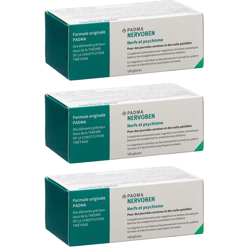 Trois boîtes PADMA Nervoben. Texte en français. Emballage vert et blanc.