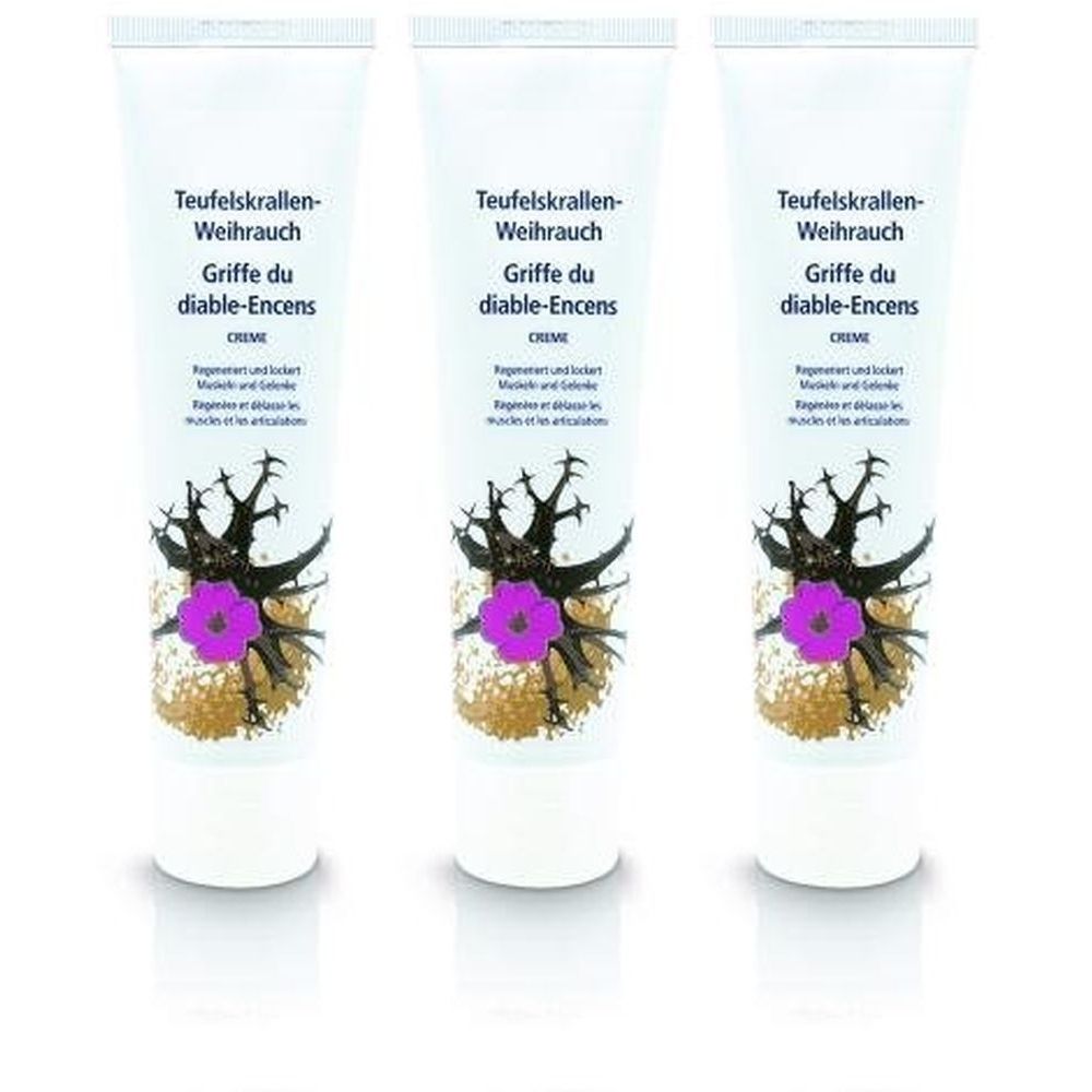 Trois tubes de crème avec l'inscription Teufelskrallen-Weihrauch, Griffe du diable-Encens. Illustration d'une plante avec une fleur violette.