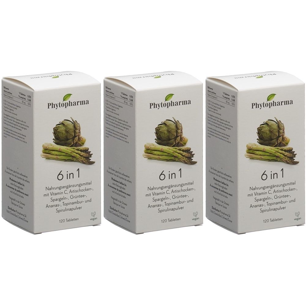 Trois boîtes blanches avec "Phytopharma 6 in 1". Illustration d'artichaut et d'asperges. Texte : Complément alimentaire avec vitamine C, 120 comprimés.