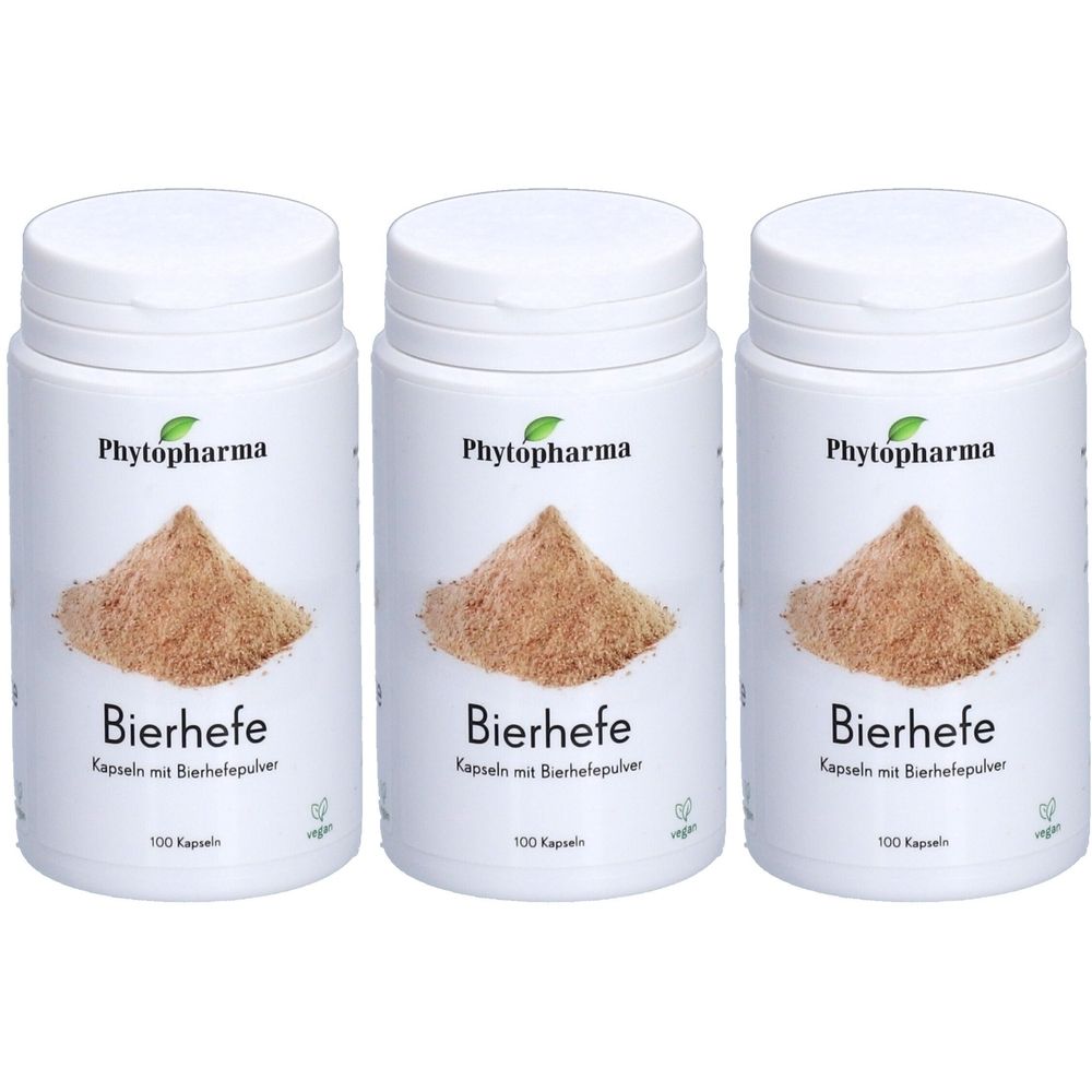 Trois flacons blancs de "Bierhefe" de Phytopharma. Chaque flacon contient 100 gélules. Un tas de poudre est représenté sur chaque flacon.
