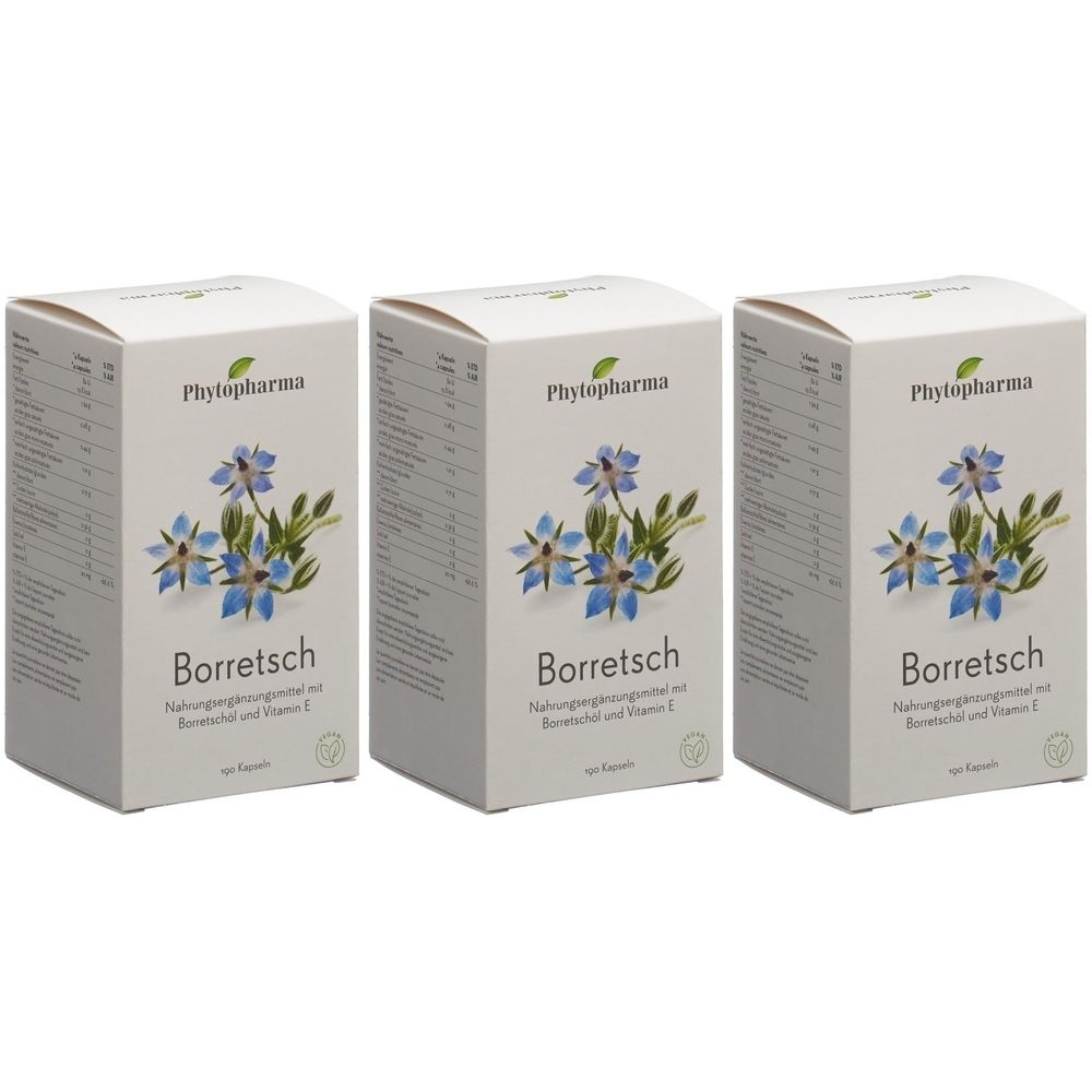 Trois boîtes de complément alimentaire Borretsch. Le logo Phytopharma et une illustration de fleurs bleues sont visibles sur chaque boîte.