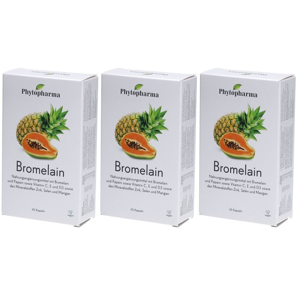 Trois boîtes de Bromélaïne. Chaque boîte présente une ananas et une papaye. La marque est Phytopharma.