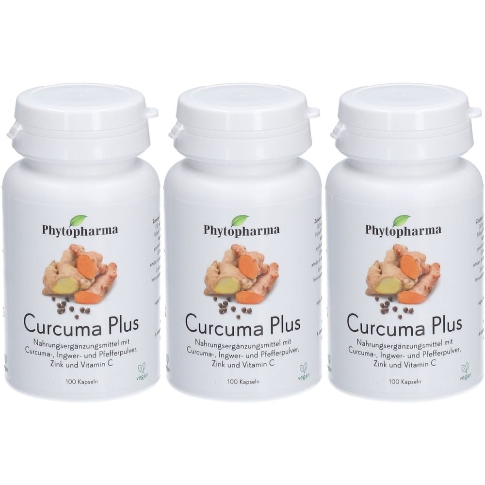 Trois flacons blancs avec le nom du produit "Curcuma Plus". Le logo Phytopharma est affiché sur chaque flacon.
