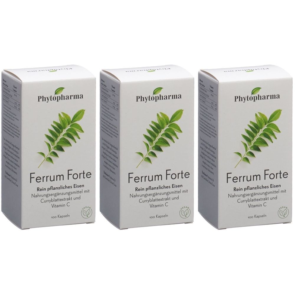 Trois boîtes blanches avec le nom du produit Ferrum Forte et le logo Phytopharma. Chaque boîte présente une feuille verte.