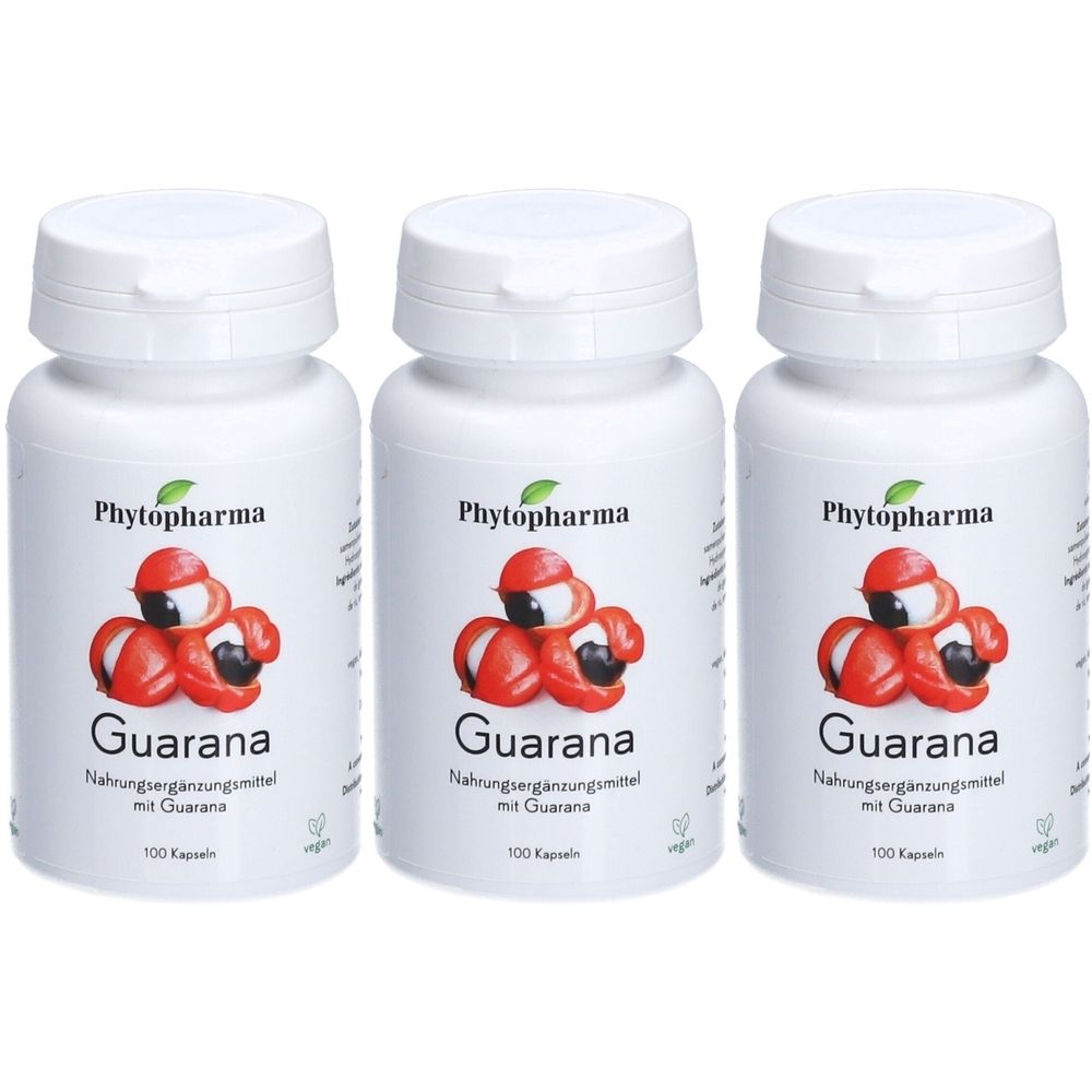 Trois flacons blancs de gélules. Chaque flacon porte l'inscription "Phytopharma Guarana". Illustration de fruits de guarana. Texte : Complément alimentaire.