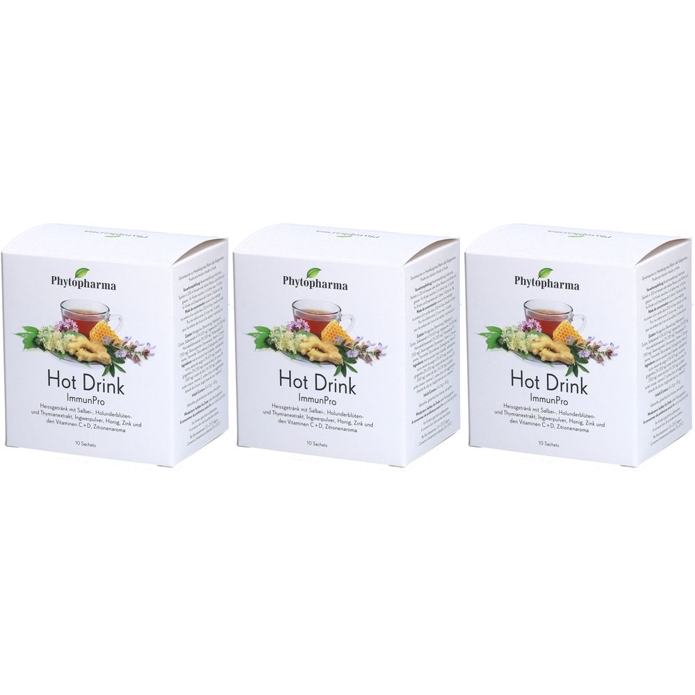 Trois boîtes blanches "Hot Drink ImmunPro". Illustration d'herbes et d'une tasse de thé. Marque: Phytopharma.