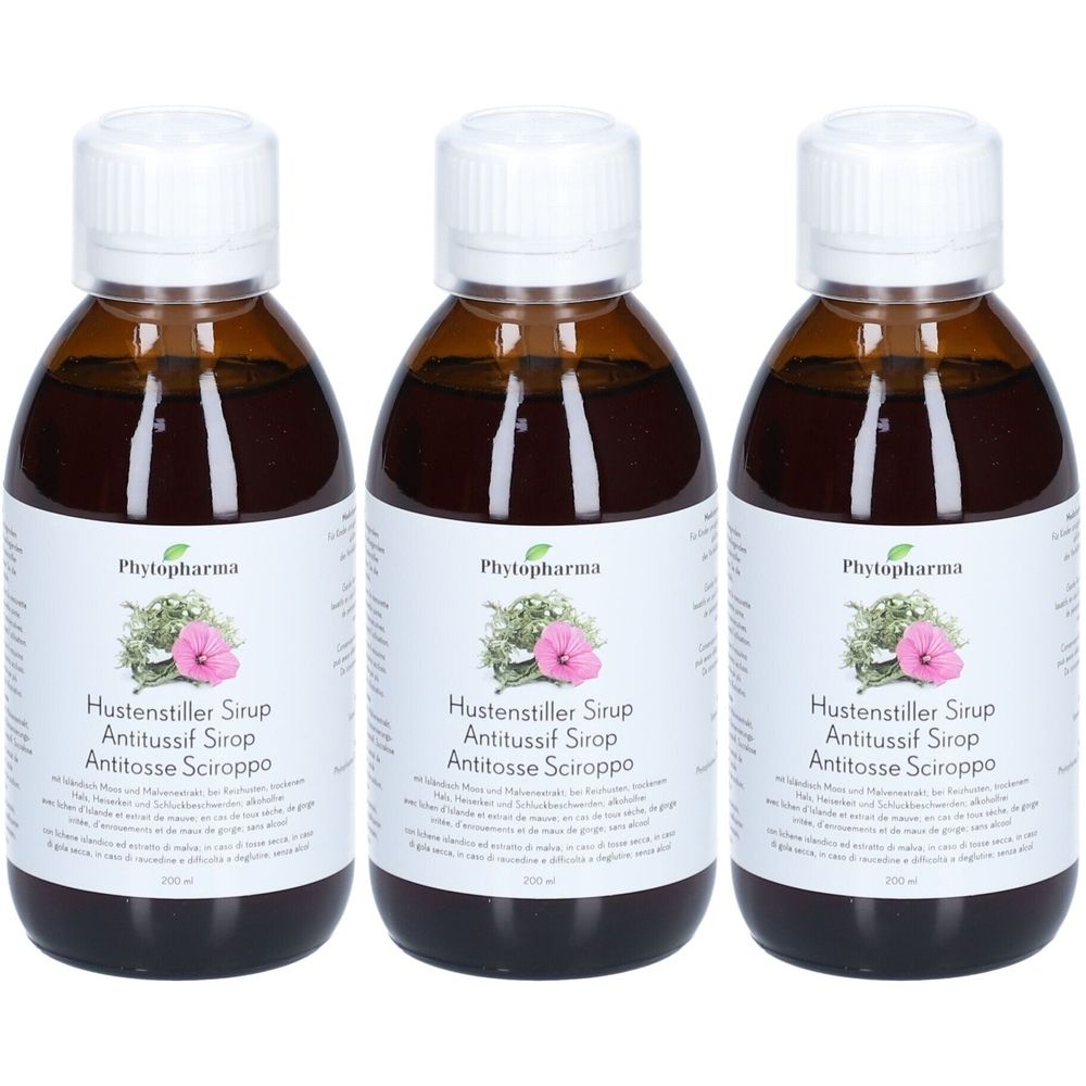 Trois flacons bruns avec bouchon blanc. Les étiquettes indiquent "Phytopharma Hustenstiller Sirup".
