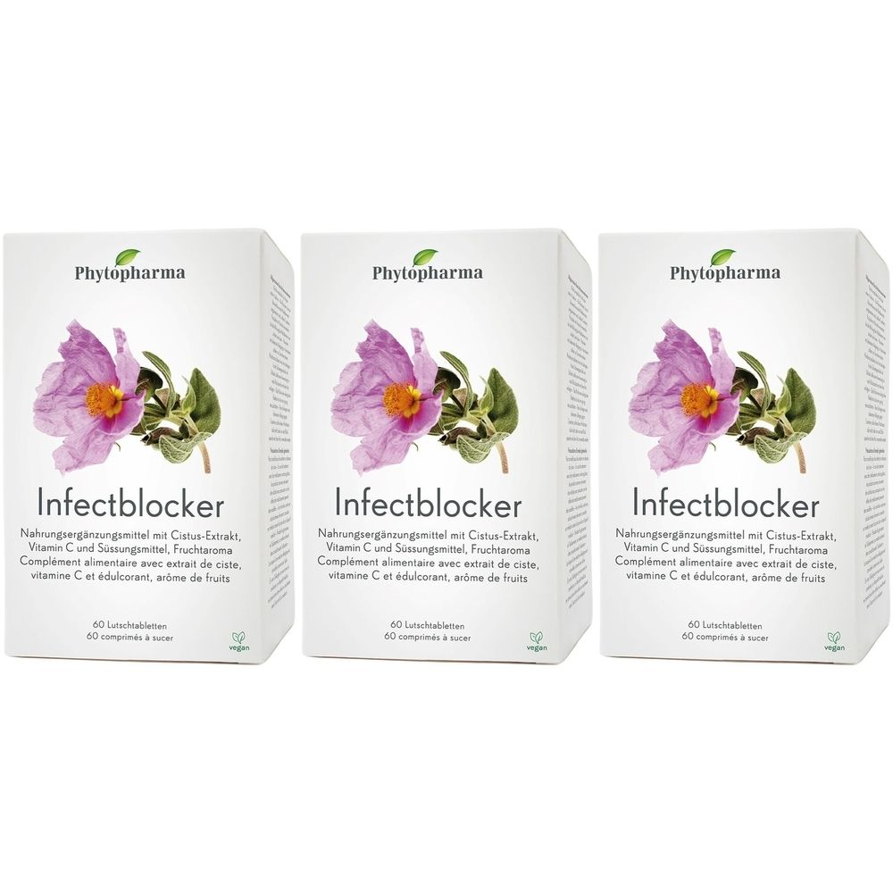 Trois boîtes blanches avec le nom Infectblocker. Chaque boîte présente une fleur violette. Texte en allemand et en français.