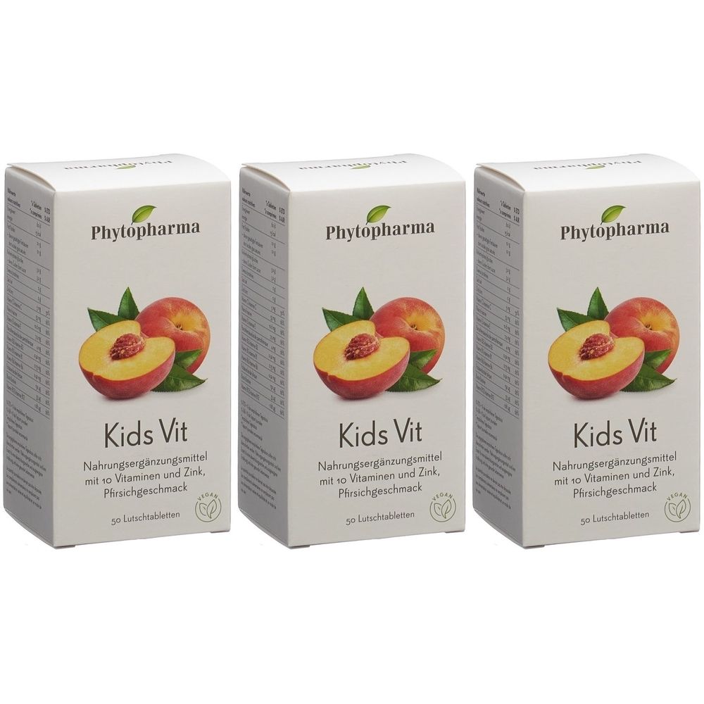 Trois boîtes de PHYTOPHARMA Kinder Vit. Chaque boîte présente une pêche. Texte : Kids Vit, complément alimentaire avec vitamines et zinc.