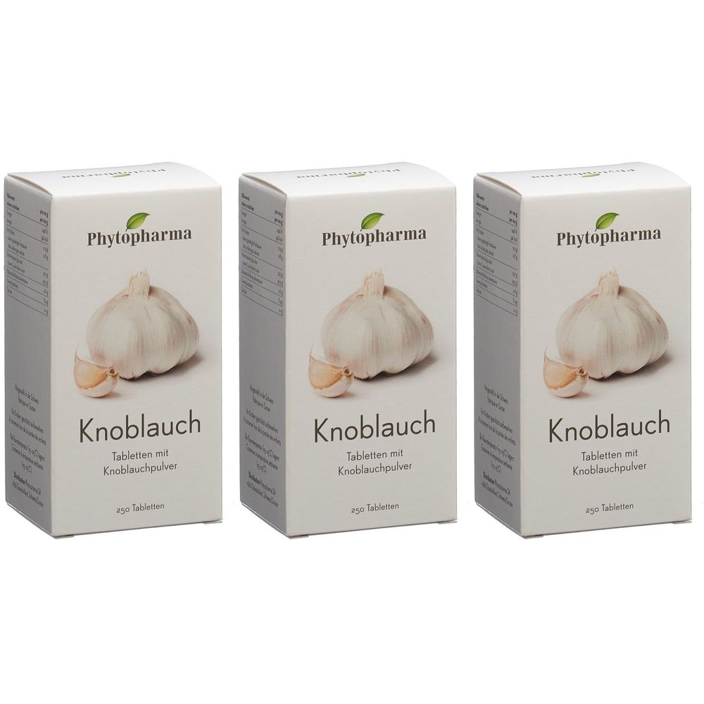 Trois boîtes de comprimés à l'ail. Chaque boîte présente une gousse d'ail et le mot "Knoblauch".