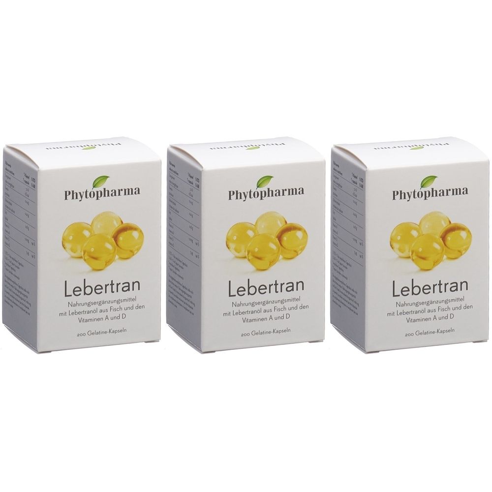 Trois boîtes de Lebertran. Le logo Phytopharma et une image de gélules sont visibles sur chaque boîte.