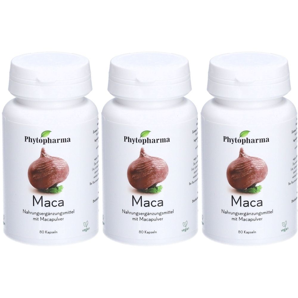 Trois flacons blancs avec des gélules. Chaque flacon porte le logo Phytopharma, une image de Maca et l'inscription "Maca".